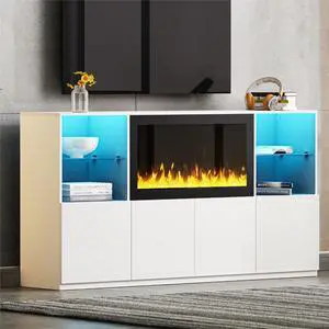 ON-TREND High Gloss TV Stand with 34.2" Non-heating Electric Fireplace, Modern Entertainment Center with LED Light, Media Console with Tempered Glass Shelves for TVs up to 75", Living Room, White