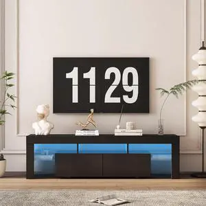 High gloss TV Stand with LED Lights for TVs up to 65'', Modern TV Console with Storage Cabinets for Living Room,Black
