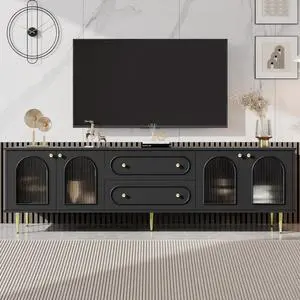 U-Can 78.7'' Modern TV Stand, TV Cabinet with Five Metal Legs and Metal Handles, 2 Drawers and 2 Cabinets with Fluted Glass Doors For Living room, Up to 80'' (Old SKU: SJ000122AAB)