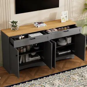 ON-TREND Farmhouse TV Stand with 2 Drawers for TVs Up to 70", Versatile Wood Grain Sideboard with Adjustable Shelves, Mid-Century Buffet Cabinet with Rustic Handles for Living Room/Bedroom, Grey