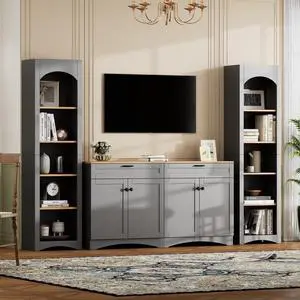 ON-TREND 3-Piece Farmhouse Entertainment Center with Storage Cabinet for TVs Up to 70", Mid-Century TV Stand with Bookshelf, Rustic Versatile Sideboard with Adjustable Shelves for Living Room, Grey