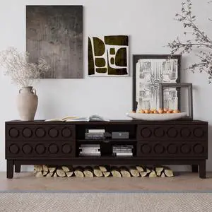 Modern Mid-Century Media Console with 4 Drawers and Cable Management, TV Console Table for TVs up to 75",Entertainment Center for Living Room and Office(Dark Brown)