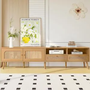 Boho TV Stand for TVs up to 85'' , Modern Farmhouse Media Console, Entertainment Center with Solid Wood Legs, TV Cabinet for Living Room, Home Theatre