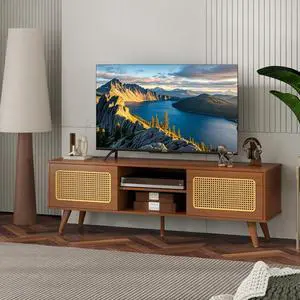 Mid Century Modern Rattan TV Stand for 55/60/65 inch TV , Entertainment Cabinet, Media Console for Living Room Bedroom Media Room, Solid Wood Feet & Rattan Cabinet Doors  (Walnut, 59")