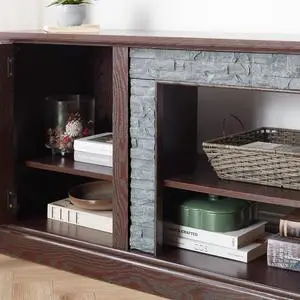 70" Modern TV Stand with 2-Door Storage, Faux Stone Media Console Cabinet, Cherry Large Entertainment Center for Living Room