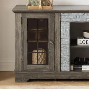 58" Modern TV Stand with 2-Door Storage, Faux Stone Media Console Cabinet, Grey Large Entertainment Center for Living Room