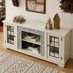 58" Modern TV Stand with 2-Door Storage, Faux Stone Media Console Cabinet, White Large Entertainment Center for Living Room
