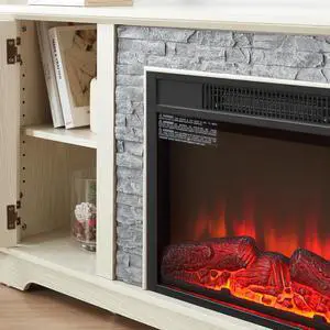 70" Modern TV Stand with 2-Door Storage & 23" Electric Fireplace, Faux Stone Media Console Cabinet, White Large Entertainment Center for Living Room