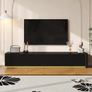 ON-TREND Luxury Fluted TV Stand for TVs Up to 85", Faux Marble Tabletop Media Console with 4 Drawers, Curved Profile Design, Modern Entertainment Center with Gold Base for Living Room, Black