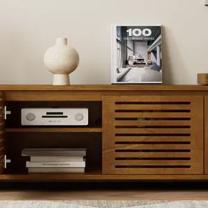 63" Mid-Century Modern Extendable TV Stand for TVs up to 75", Media Console TV Cabinet for Living Room, Farmhouse Entertainment Cabinet with Storage & Adjustable Panel