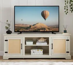 Farmhouse Rattan TV Stand Console Table for TVs up to 70 Inches, TV Console Table with 2 Storage Shelves, 2 Natural Rattan Door Cabinets,65"W*15.55"D*23.86"H, White