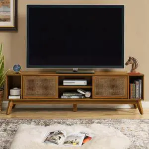 67.9 Inch Mid Century Modern Rattan TV Stand for TVs up to 75", Entertainment Cabinet, Media Console for Living Room Media Room, Solid Wood Feet & Rattan Cabinet Doors - Light Walnut