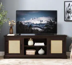 Farmhouse Rattan TV Stand Console Table for TVs up to 70 Inches, TV Console Table with 2 Storage Shelves, 2 Natural Rattan Door Cabinets, 65"W*15.55"D*23.86"H, Espresso