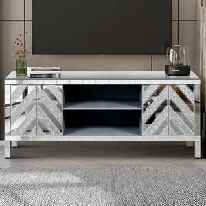 47 Inch Mirror TV Media Console with Diamond Glass Doors, Dual Door Design with Open Storage Space, Compatible with 50-Inch TVs, Modern Decor for Living Room & Bedroom