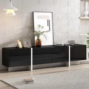 ON-TREND White & Black Contemporary Rectangle Design TV Stand, Unique Style TV Console Table for TVs Up to 80'', Modern TV Cabinet with High Gloss UV Surface for Living Room.