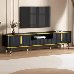 ON-TREND Luxury Minimalism TV Stand with Open Storage Shelf for TVs Up to 85", Entertainment Center with Cabinets and Drawers, Practical Media Console with Unique Legs for Living Room, Black