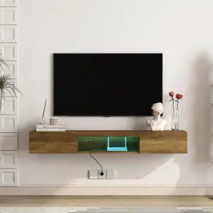 Floating TV Stand, Wall Mounted TV Shelf with LED lights & Power Outlet,Wall Mounted Floating 65" TV Stand with 16 Color LEDs-brown