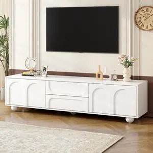 ON-TREND Cream Style TV Stand with Arched Doors & 2 Drawers for TVs up to 75", Minimalist Media Console with Rebound Device, Entertainment Center with 5 Iron Round Legs for Living Room, Bedroom, White