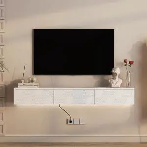 Floating TV Stand Wall Mounted with 16 Color LEDs,67" Modern TV Stand, Floating TV Cabinet Entertainment Center for 55 60 65 Inch TV,White