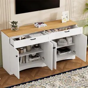 ON-TREND Farmhouse TV Stand with 2 Drawers for TVs Up to 70", Versatile Wood Grain Sideboard with Adjustable Shelves, Mid-Century Buffet Cabinet with Rustic Handles for Living Room/Bedroom, White