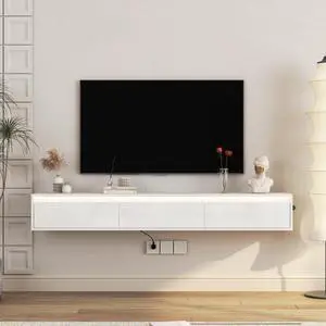 Floating TV Stand, Wall Mounted TV Shelf with Led Lights & Power Outlet,High Gloss TV Cabinet for tv Stands for Living Room