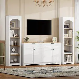 ON-TREND 3-Piece Farmhouse Entertainment Center with Storage Cabinet for TVs Up to 70", Mid-Century TV Stand with Bookshelf, Rustic Versatile Sideboard with Adjustable Shelves for Living Room, White