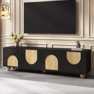 Farmhouse TV Stand with Cable Holes for TVs up to 75", Cream Style Media Console with Rebound Device, Elegant Entertainment Center with 5 Solid Wood Legs for Living Room, Bedroom, Black, 69.6"W