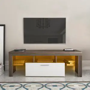 20 minutes quick assembly brown simple modern TV  stand with the toughened glass shelf Floor cabinet Floor TV wall cabinet Brown + whiteTV bracket  with LED Color Changing Lights for Living Room