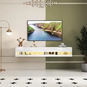 180 Wall Mounted Floating 80" TV Stand with 20 Color LEDs  and  Charging Station