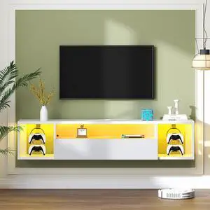 55" White TV Gaming Console with LED Lights - 4 Controller Hooks & 2 Headphone Hooks, Hidden Storage Cabinet, 30KG Top Load Capacity
