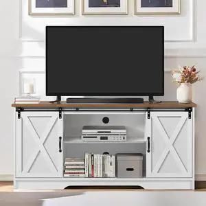 Modern Farmhouse Wood TV Stand for TVs up to 58 inches, with Sliding Barn Doors, 3 Adjustable Shelves, Cord Management Ports, Corner Fit for Small Space Homes, in Oak/Solid White