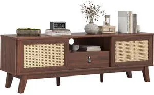 Rattan TV Stand for TVs, Wood TV Stand Mid Century Modern TV Stand TV Media Console with Drawer and 2 Cabinets, Boho Entertainment Center for Living Room