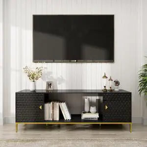 70 Inch TV Stand, Heavy Duty Wood Media Entertainment Center Console with Cabinet Storage & Open Shelves for Living Room, Modern Design (Black)