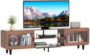 Mid Century Modern TV Stand for 55/60/65/70 Inch TV, Wood Entertainment Center with Power Outlets, Media Console with Sliding Doors and Open Shelf for Living Room, Walnut