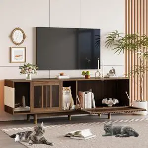 Mid-Century Modern style 2 IN 1 Cat Furniture 74" Walnut TV STAND with Sliding Flip-down glass door, Cat house Litter Box With Sisal Scratcher Board