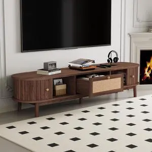 Modern Design TV Stand for 75" TVs, Media Console TV Cabinet with Rattan-Front Drawer for Living Room, 1 Drawer and 2 Sliding-Door Cabinets