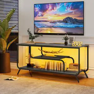 There are installation videos and scene videos. TV socket and LED light - TV stand TV up to 55 ", small unit modern TV console suitable for living room and bedroom, light grey