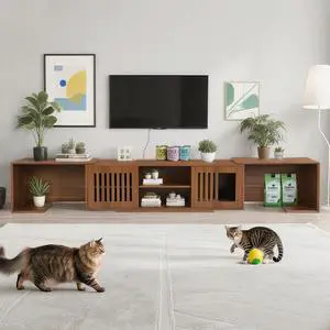 Mid-Century Modern 54.3" Extendable TV Stand (up to 100") with Cat House & Litter Box Enclosure  Walnut Wood Entertainment Center, Sliding Doors, Hidden Pet Furniture
