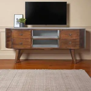Chestnut Rounded Entertainment Unit, Nordic Legs, 4-Drawers, 2 Open Slot, Brown