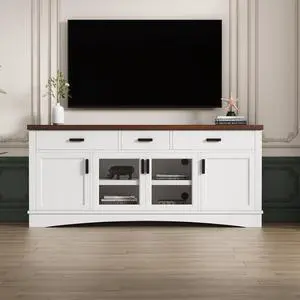 Modern White TV Console, 67" Width TV Stand, Glass Doors & Storage Drawers, Adjustable Shelves