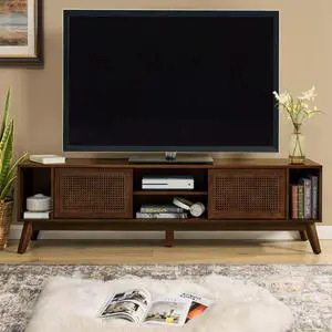 67.9 Inch Mid Century Modern Rattan TV Stand for TVs up to 75", Entertainment Cabinet, Media Console for Living Room Media Room, Solid Wood Feet & Rattan Cabinet Doors - Walnut
