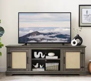 Farmhouse Rattan TV Stand Console Table for TVs up to 70 Inches, TV Console Table with 2 Storage Shelves, 2 Natural Rattan Door Cabinets, 65"W*15.55"D*23.86"H, Gray
