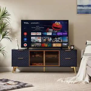 Deluxe Sculpted Modern Fashion Geometric Style TV Stand, Aluminum Frame Tempered Glass Door 4 Drawer Chest with Adjustable Metal Feet ,Dark Blue,59.9"L x 15.7"W x 21.7"H