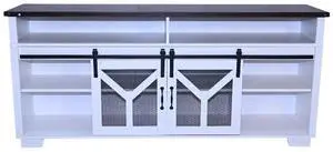 65.3" TV Stand with LED light strips and Iron mesh barn door Y decorative strip white + Black walnut color (top) farmhouse