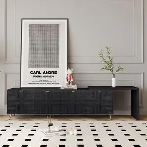 70"-90" Extendable TV Cabinet, Modern Entertainment Center with Storage and Adjustable Shelves, Lacquered and Real Wood Veneered TV Console for Living Room, Hallway, Entryway, Black