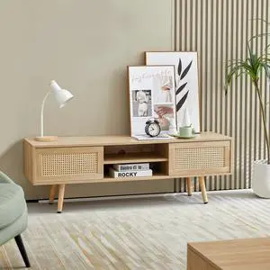 55.12" Rattan TV cabinet, double sliding doors for storage,  adjustable shelf, solid wood legs, TV console for living room ,natural