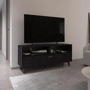 Patrick Tv Stand With 2 Doors And Open Storage Shelves, Modern Entertainment Center, Black