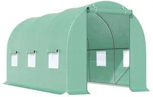 Outsunny 15' x 6' x 7' Walk-in Tunnel Greenhouse Garden Plant Growing House with Door and Ventilation Window, Green