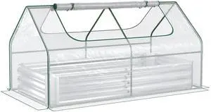 Outsunny 6' x 3' Galvanized Raised Garden Bed with Mini PVC Greenhouse Cover, Outdoor Metal Planter Box with 2 Roll-Up Windows for Growing Flowers, Fruits, Vegetables and Herbs, Silver