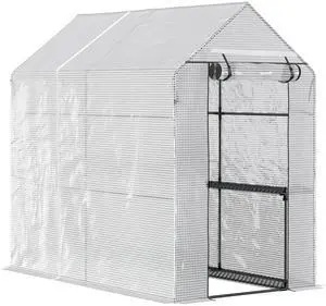 Outsunny 47.25" x 73.25" x 74.25" Walk-in Greenhouse, Outdoor Portable Plant Flower Growing Warm House with Roll-up Door and 4 Shelves, White
